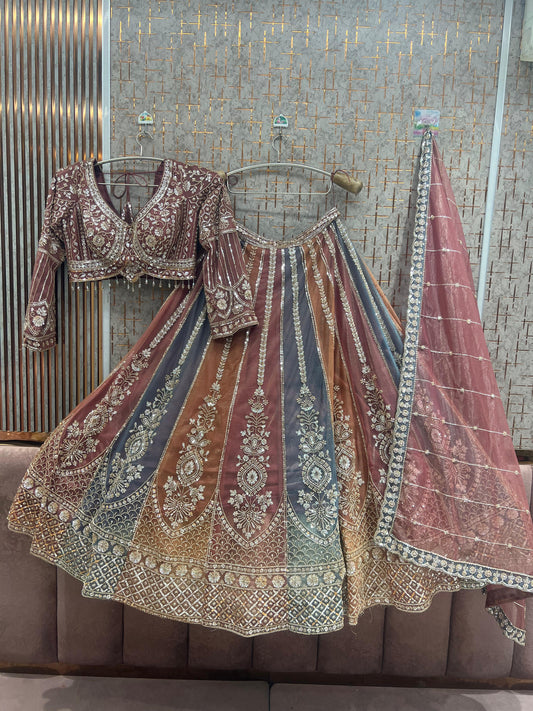 Multicolour Peach pink Crop Top Lehenga