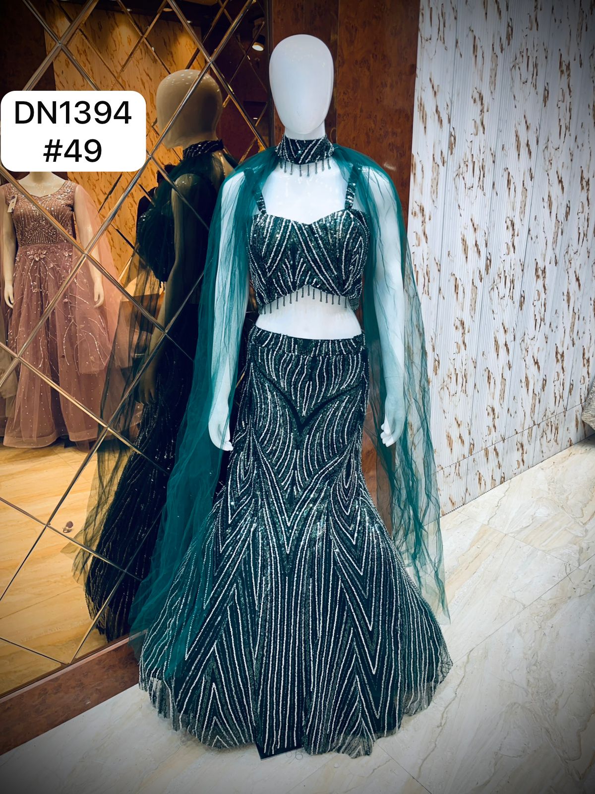 Dark Green Fish Cut Crop Top Lehenga - Shopping World