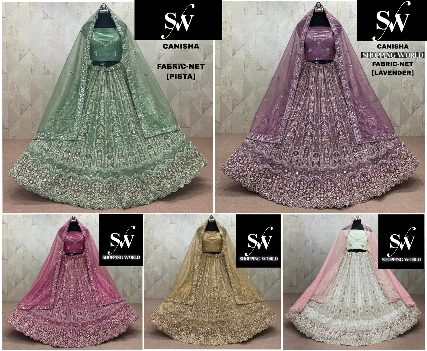 Pista green Lavender Pink Chiku golden White Net Lehenga