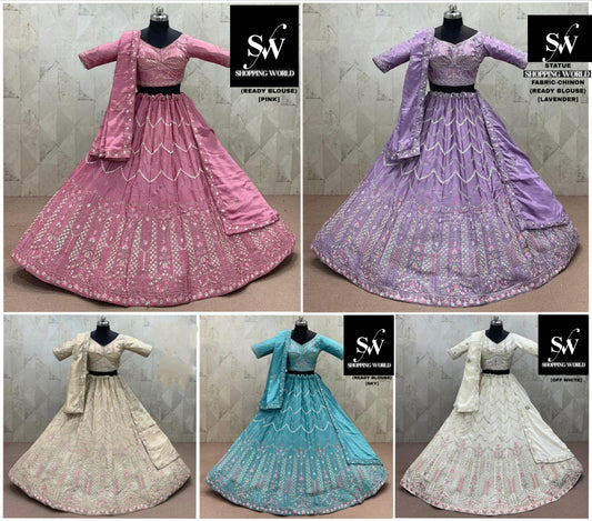 Pink Chiku golden Sky Blue Lavender Off White Chiku golden Chinon Lehenga