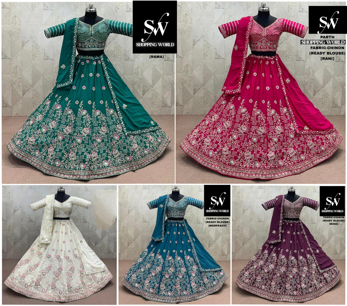 Rama green Rani pink White Morpeach Blue Wine Chinon Lehenga