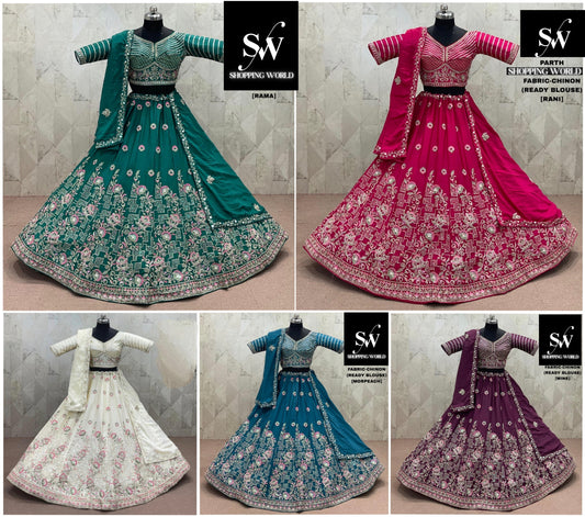 Rama green Rani pink White Morpeach Blue Wine Chinon Lehenga