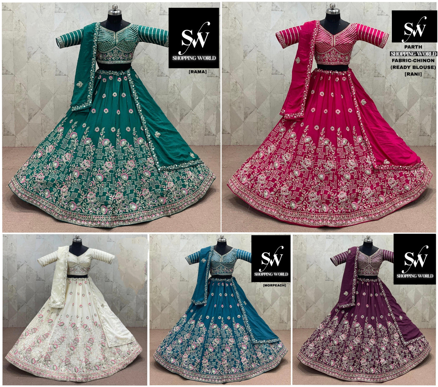 Rama green Rani pink White Morpeach Blue Wine Chinon Lehenga