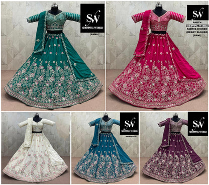 Rama green Rani pink White Morpeach Blue Wine Chinon Lehenga