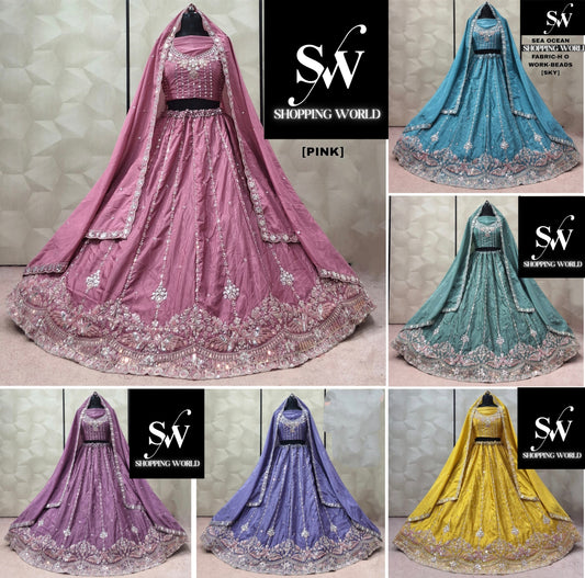 Pink Sky Blue Rama green Yellow Lavender Pink Ho Lehenga