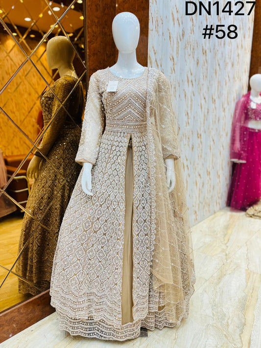 Beige Golden Long Farshi Garara Peplum Dress Lehenga