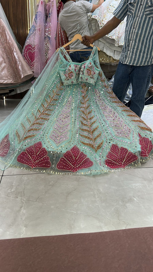 स्काई ब्लू पीडीपी क्रॉप टॉप लहंगा