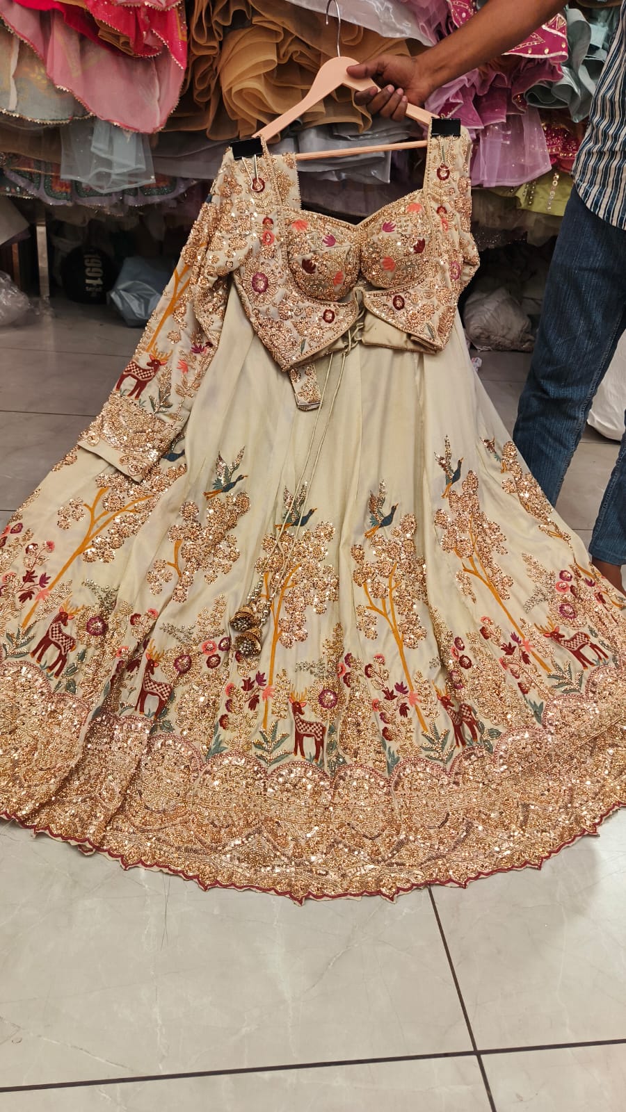 Beige Golden Peacock Crop Top Lehenga