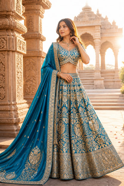 Purple blue banarasi Crop Top Lehenga