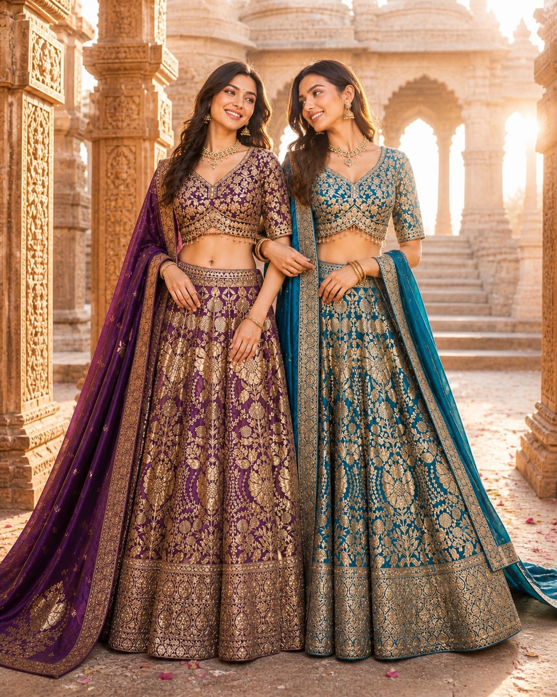 Purple blue banarasi Crop Top Lehenga