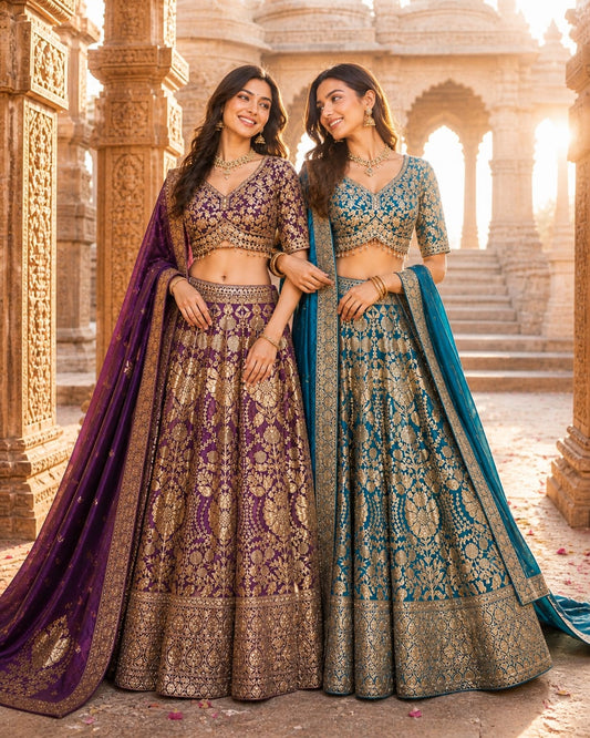 Purple blue banarasi Crop Top Lehenga