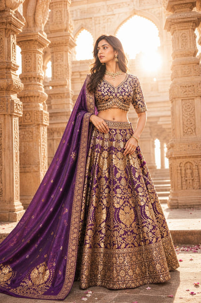 Purple blue banarasi Crop Top Lehenga