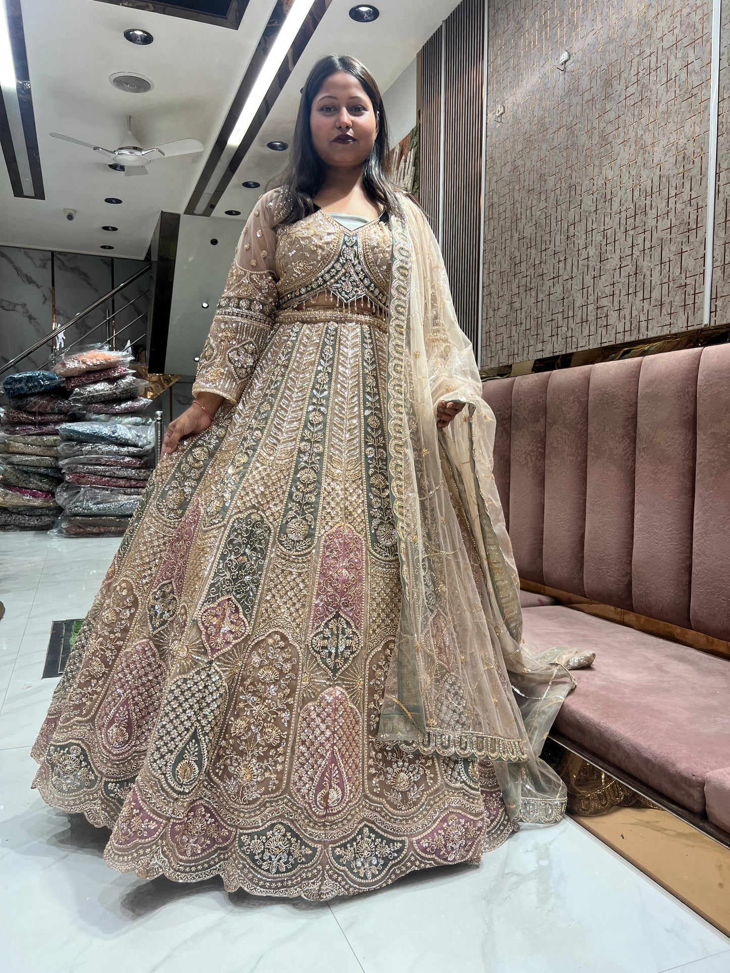 Beige Golden crop Top Lehenga