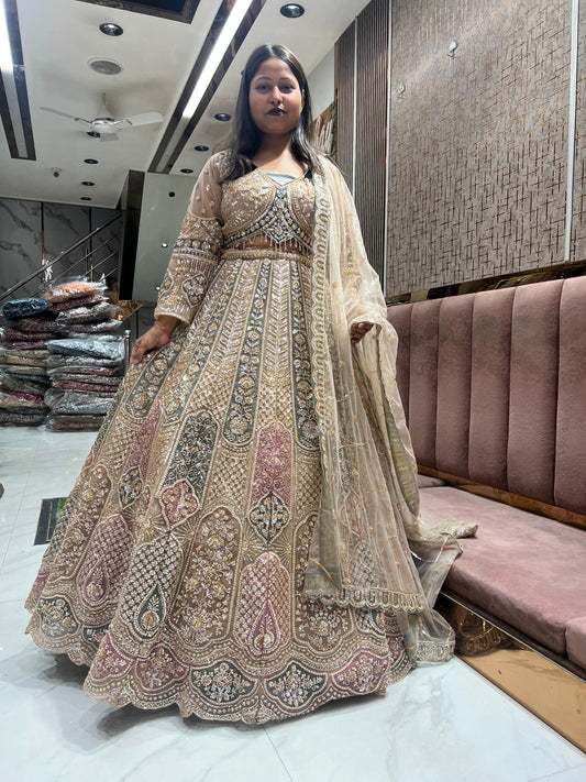 Beige Golden crop Top Lehenga