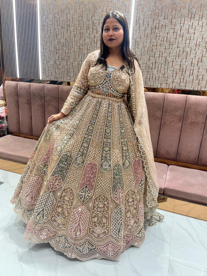 Beige Golden crop Top Lehenga