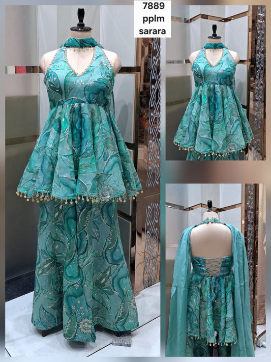 Green Long Farshi Peplum Dress Sharara Material