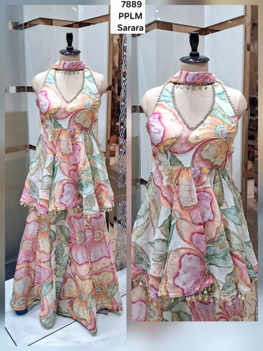 White Pink multicolour Long Farshi Peplum Dress Sharara Material