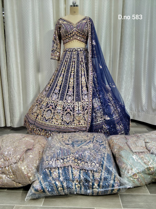 Navy Blue Beige Golden Green Sky Blue Crop Top Lehenga
