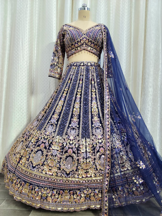 Navy Blue Beige Golden Green Sky Blue Crop Top Lehenga