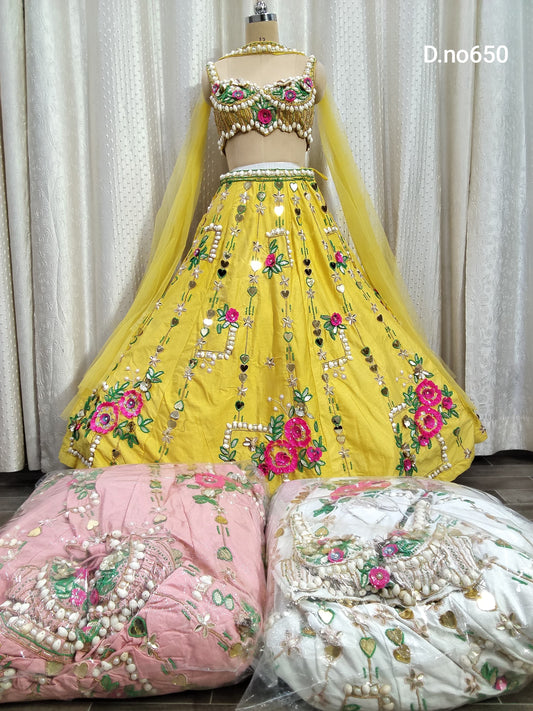 Yellow Haldi Mehendi White Pink Pdp Crop Top Lehenga