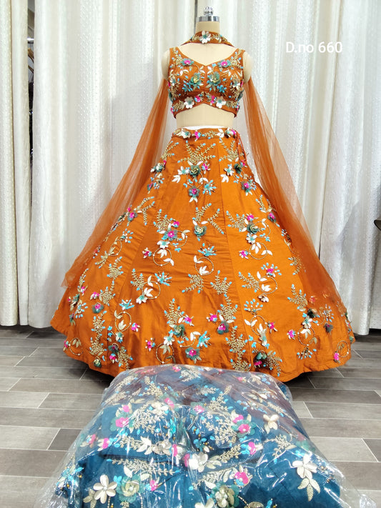 Rust Orange blue Crop Top Lehenga