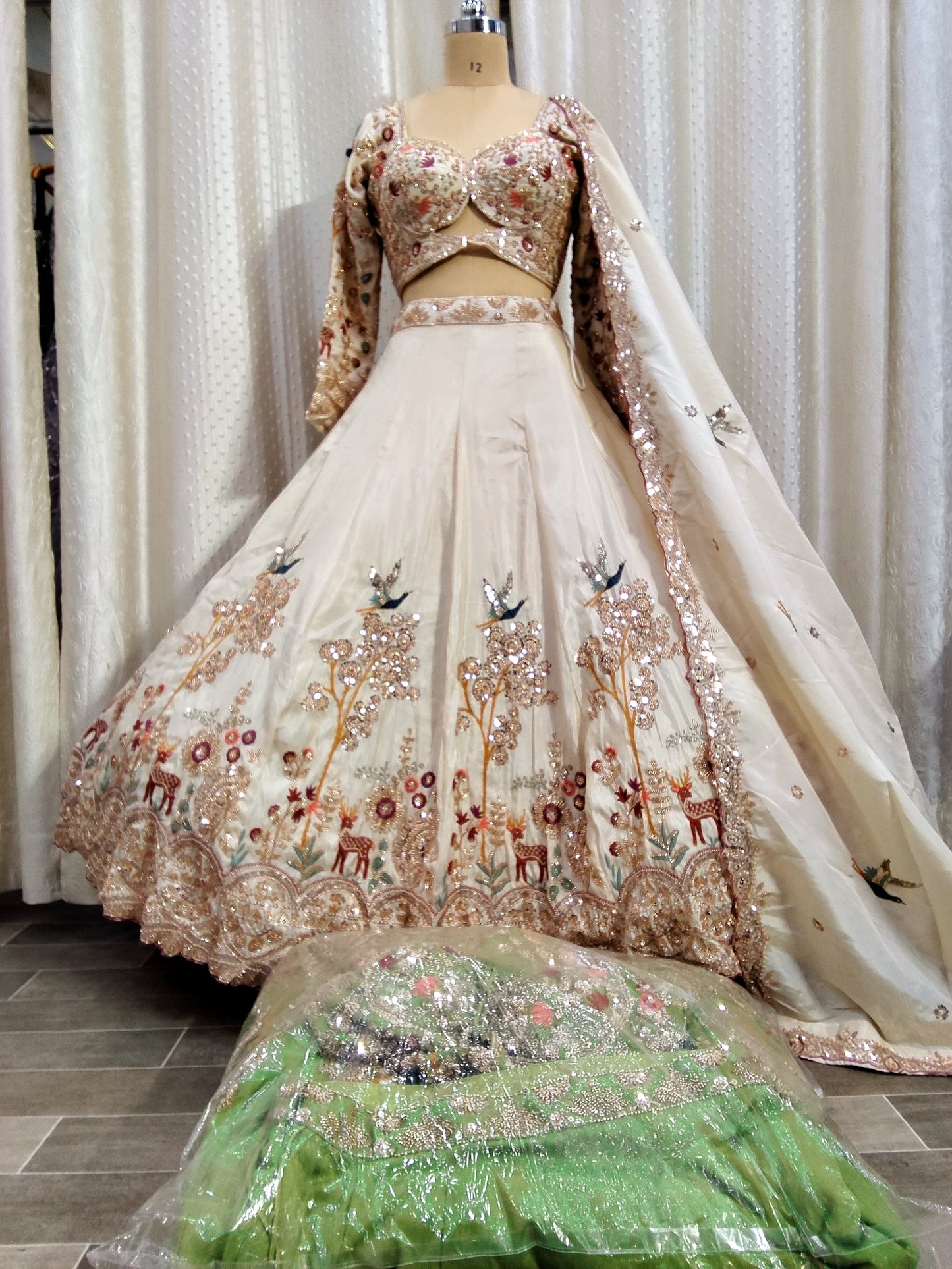 White Peacock Crop Top Lehenga
