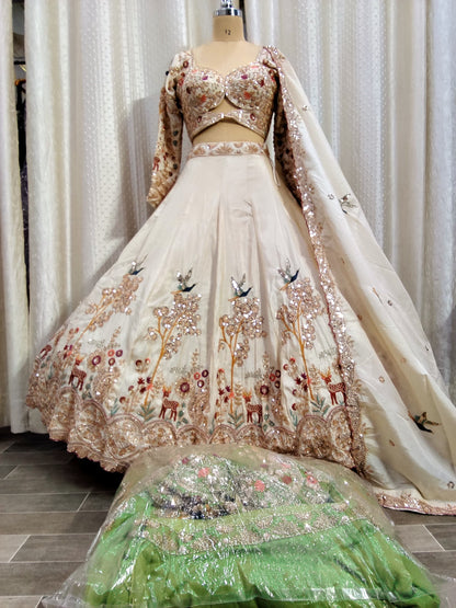 White Peacock Crop Top Lehenga