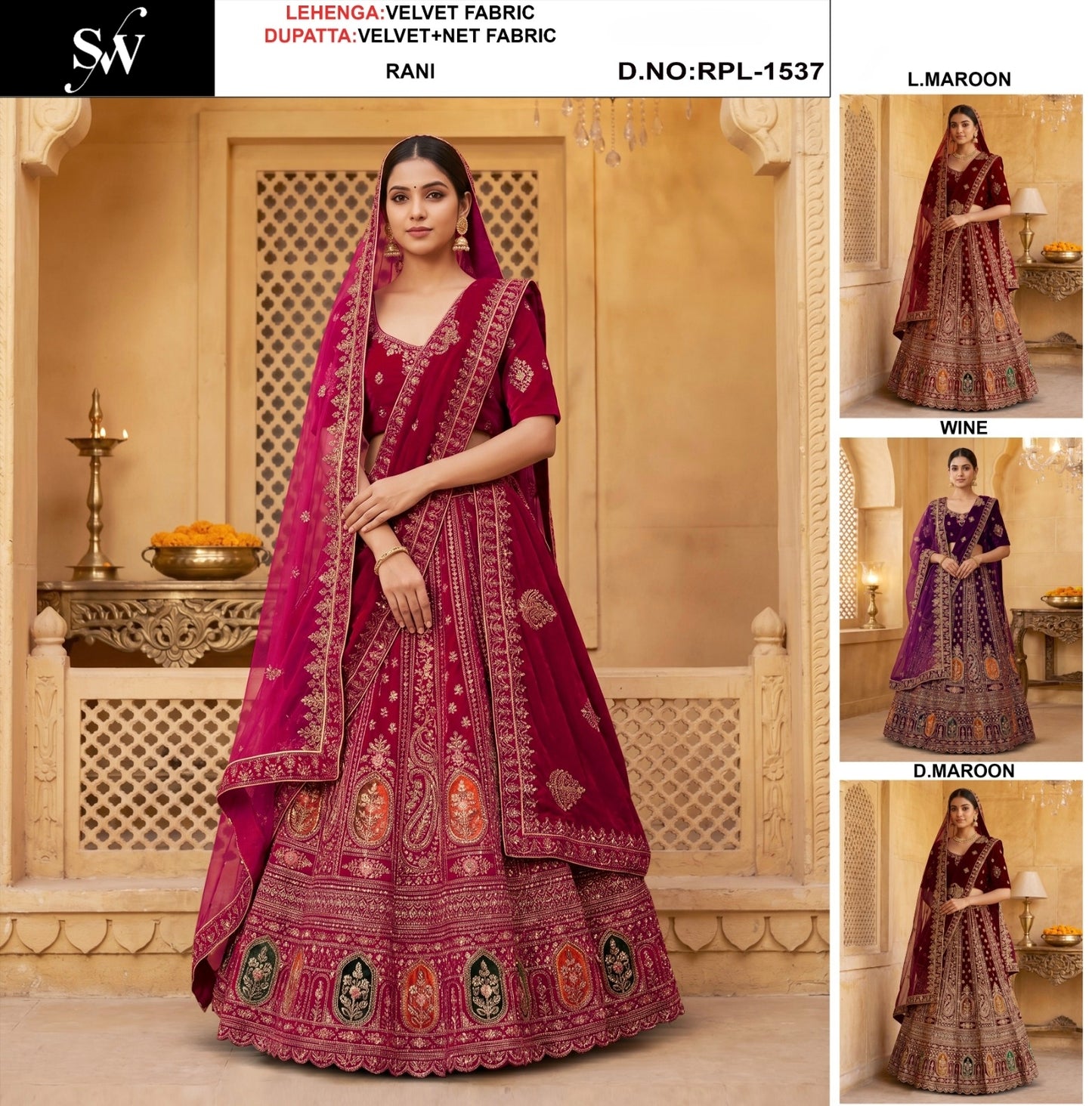 Rani Pink Velvet Bridal Lehenga