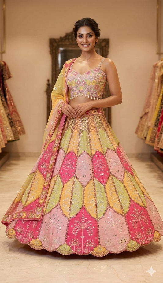 Yellow Green Hot Pink Multicolour Crop Top Lehenga