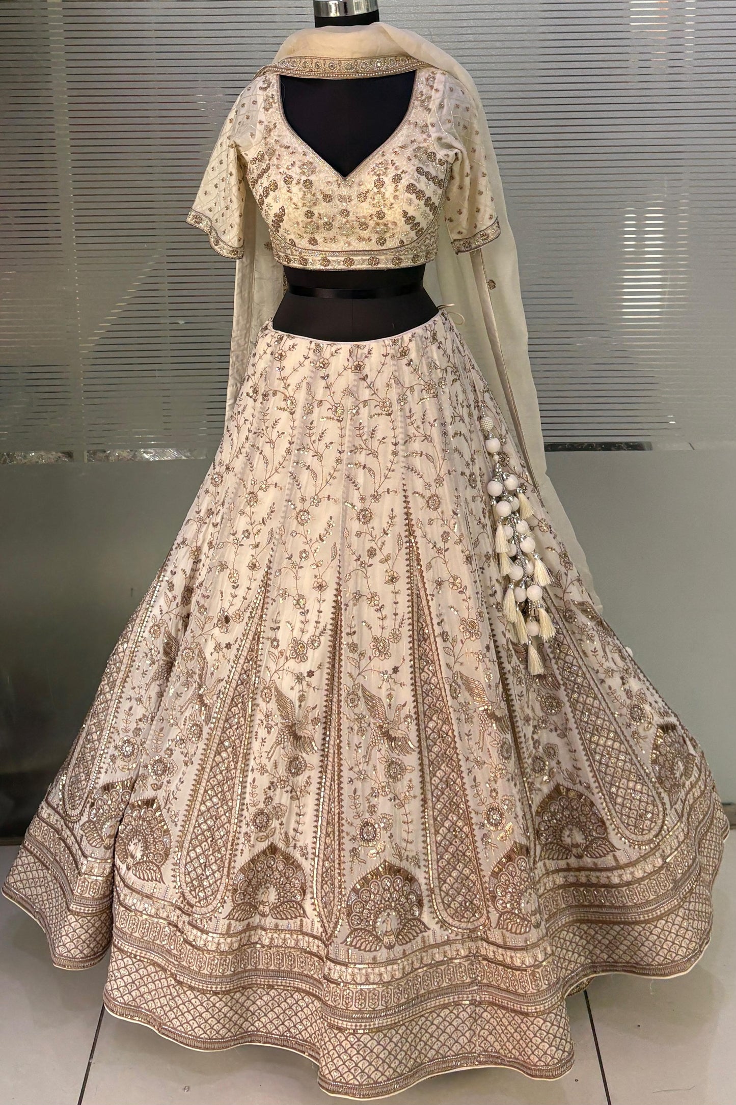 Off White Golden Crop Top Lehenga
