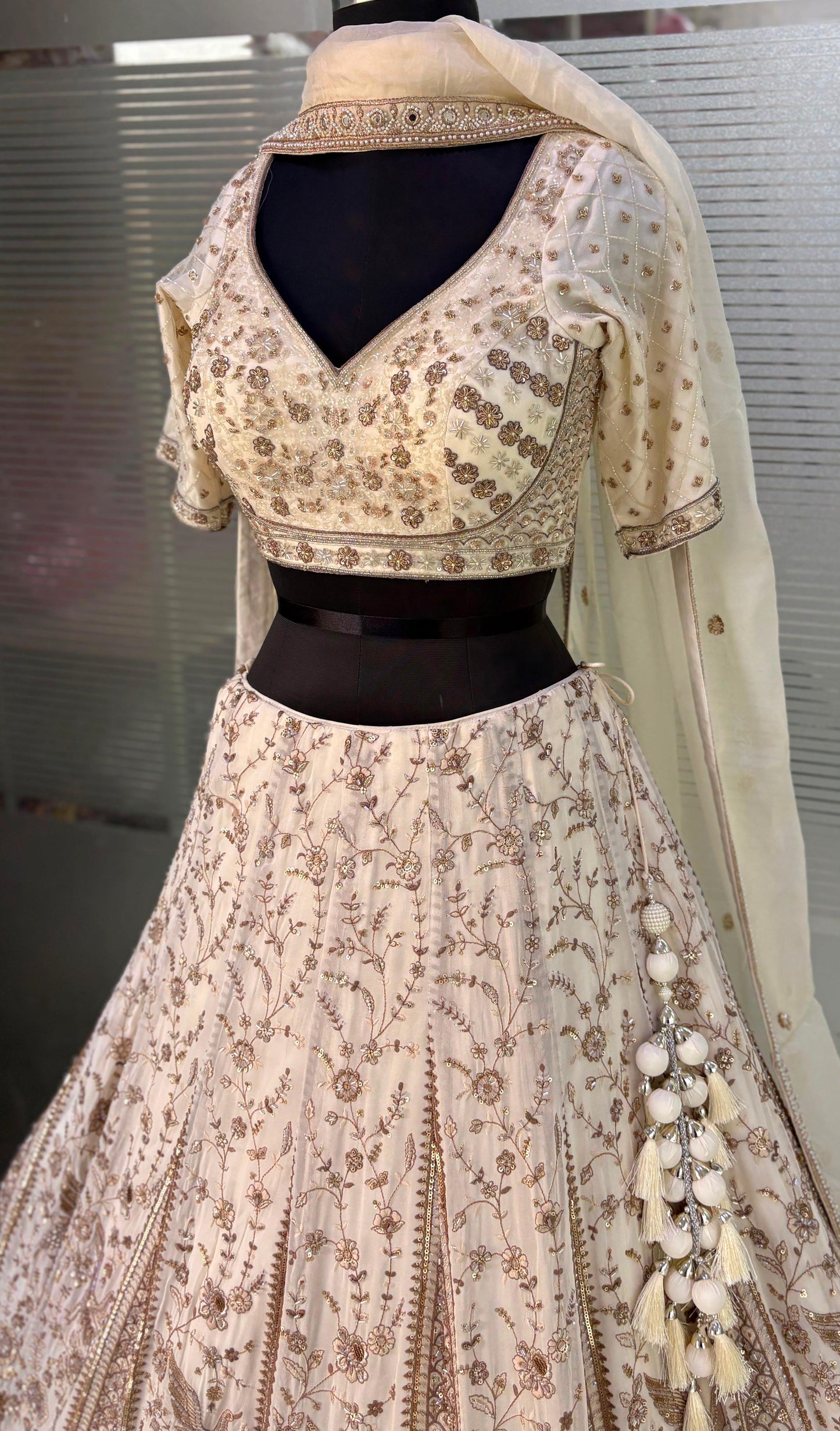 Off White Golden Crop Top Lehenga