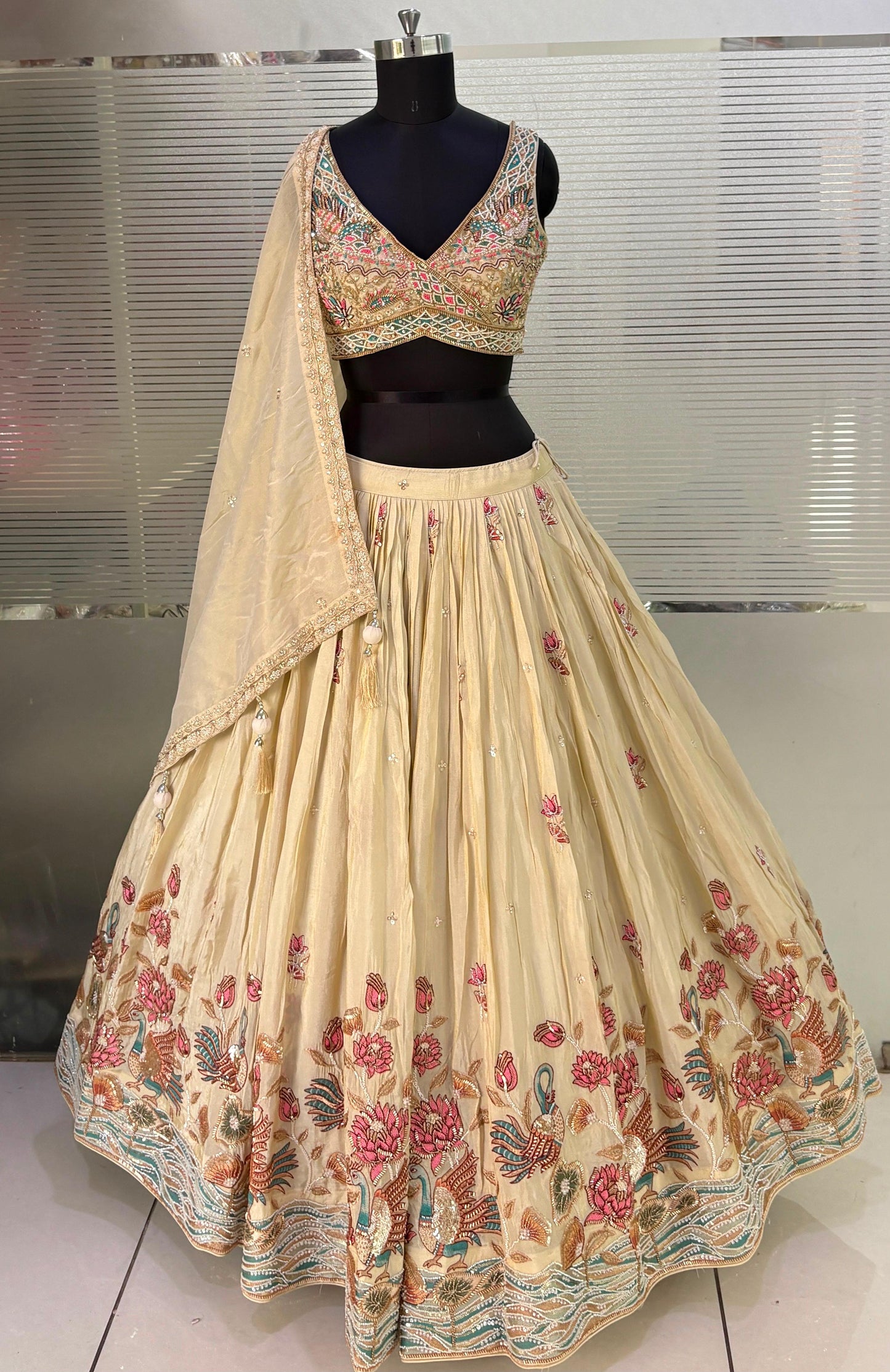 Beige Golden Crop Top Lehenga