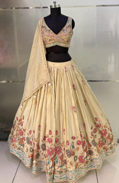 Beige Golden Crop Top Lehenga