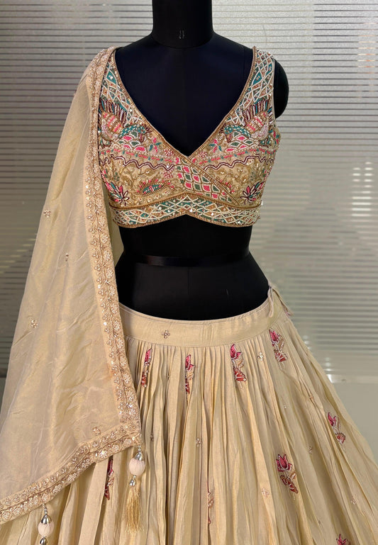 Beige Golden Crop Top Lehenga