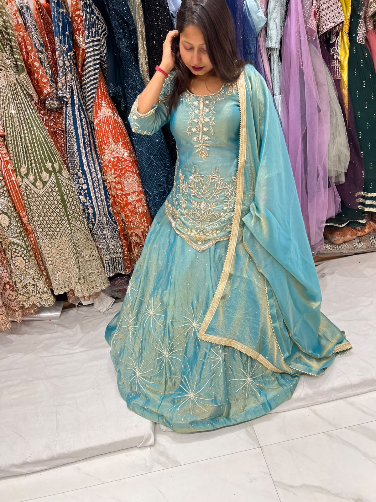 Green Blue long Dress Farshi Garara Dress Special