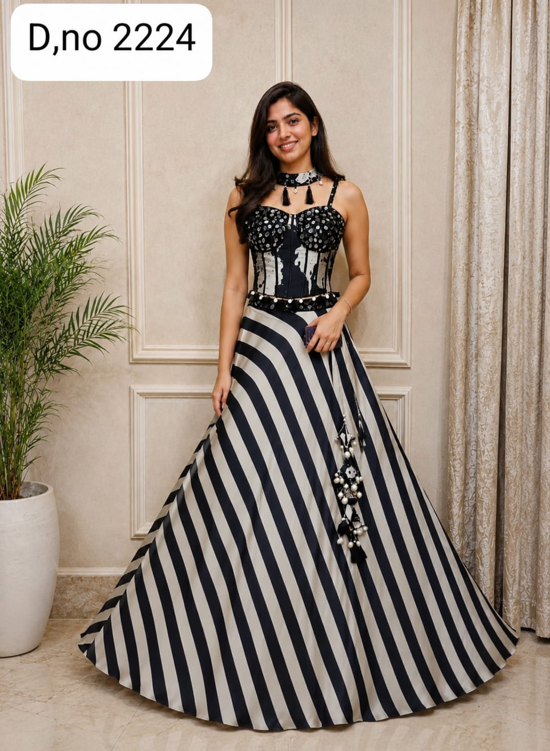 White Black Crop Top Lehenga