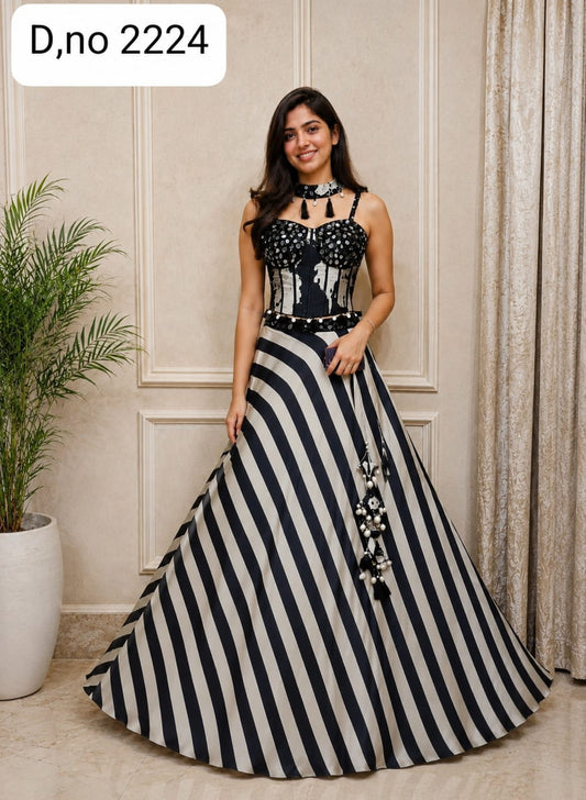 White Black Crop Top Lehenga