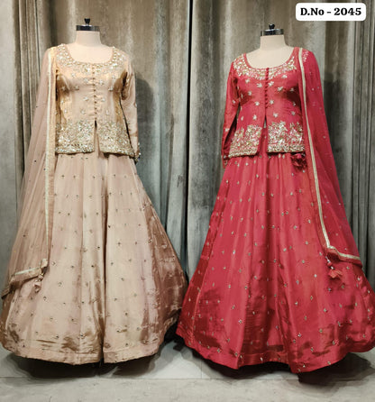 Hot Pink Peach Golden Crop Top Lehenga