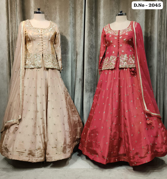 Hot Pink Peach Golden Crop Top Lehenga