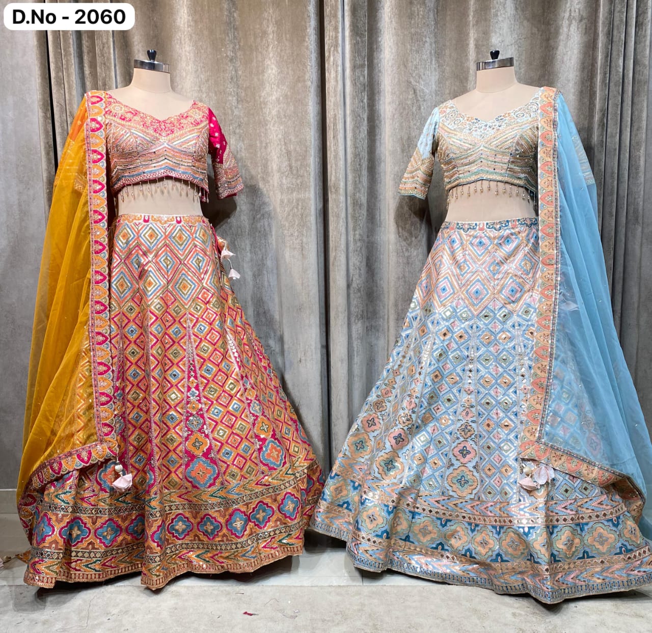 Hot Pink Sky Blue Crop Top Lehenga