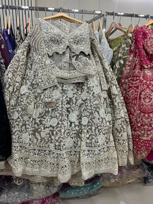 Beige Golden Crop Top Lehenga