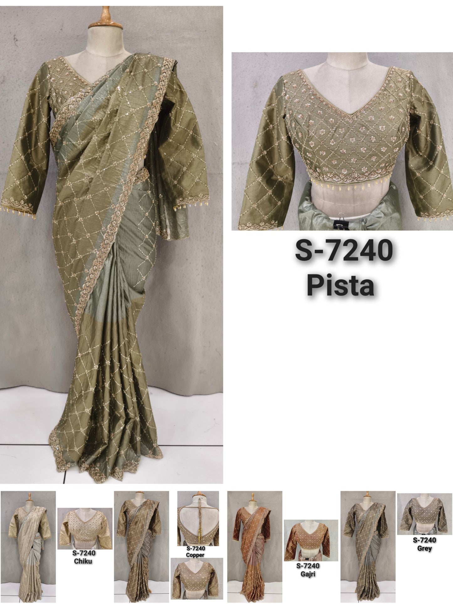 Golden Pista Green Gajri Pink Grey Designer Saree