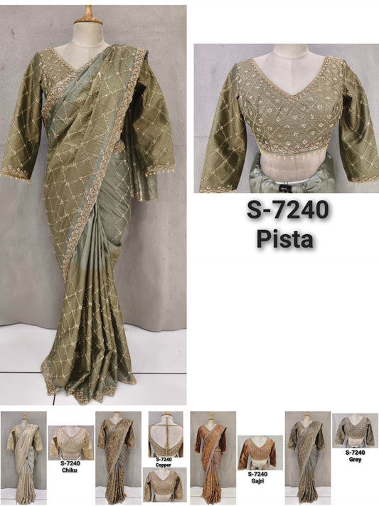 Golden Pista Green Gajri Pink Grey Designer Saree
