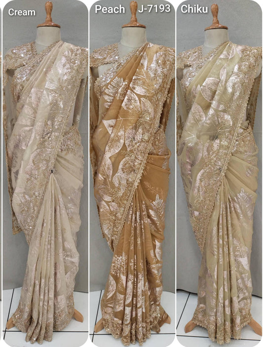 Cream White Golden Mustard Designer Saree
