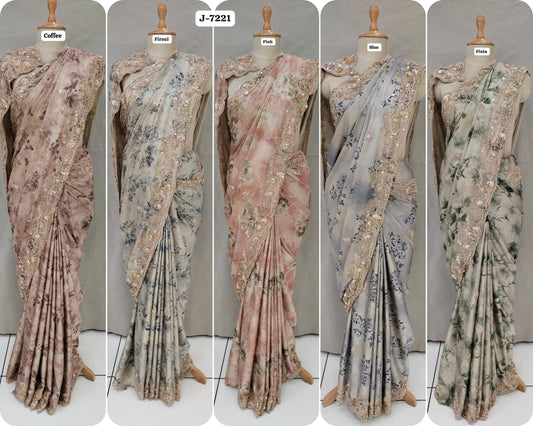 Pink Golden Blue Pista Green Designer Saree