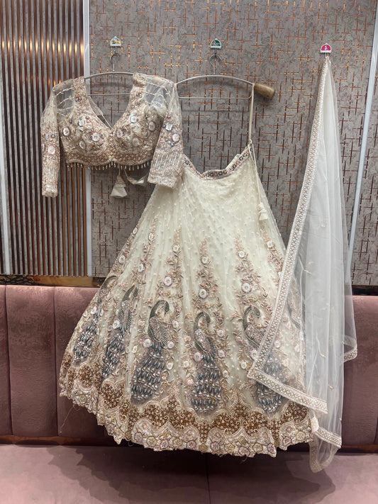 White peacock Crop Top Lehenga