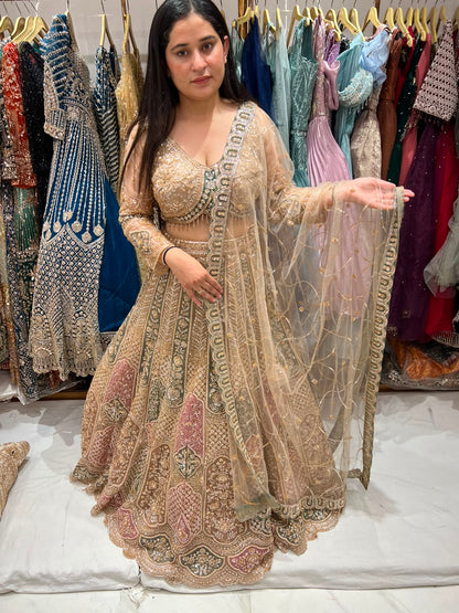 Beige Golden crop Top Lehenga
