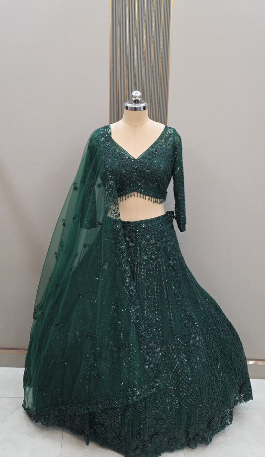 Dark green monotone Crop Top Lehenga