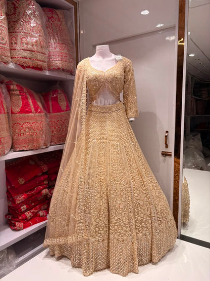 Beige golden Crop Top Lehenga