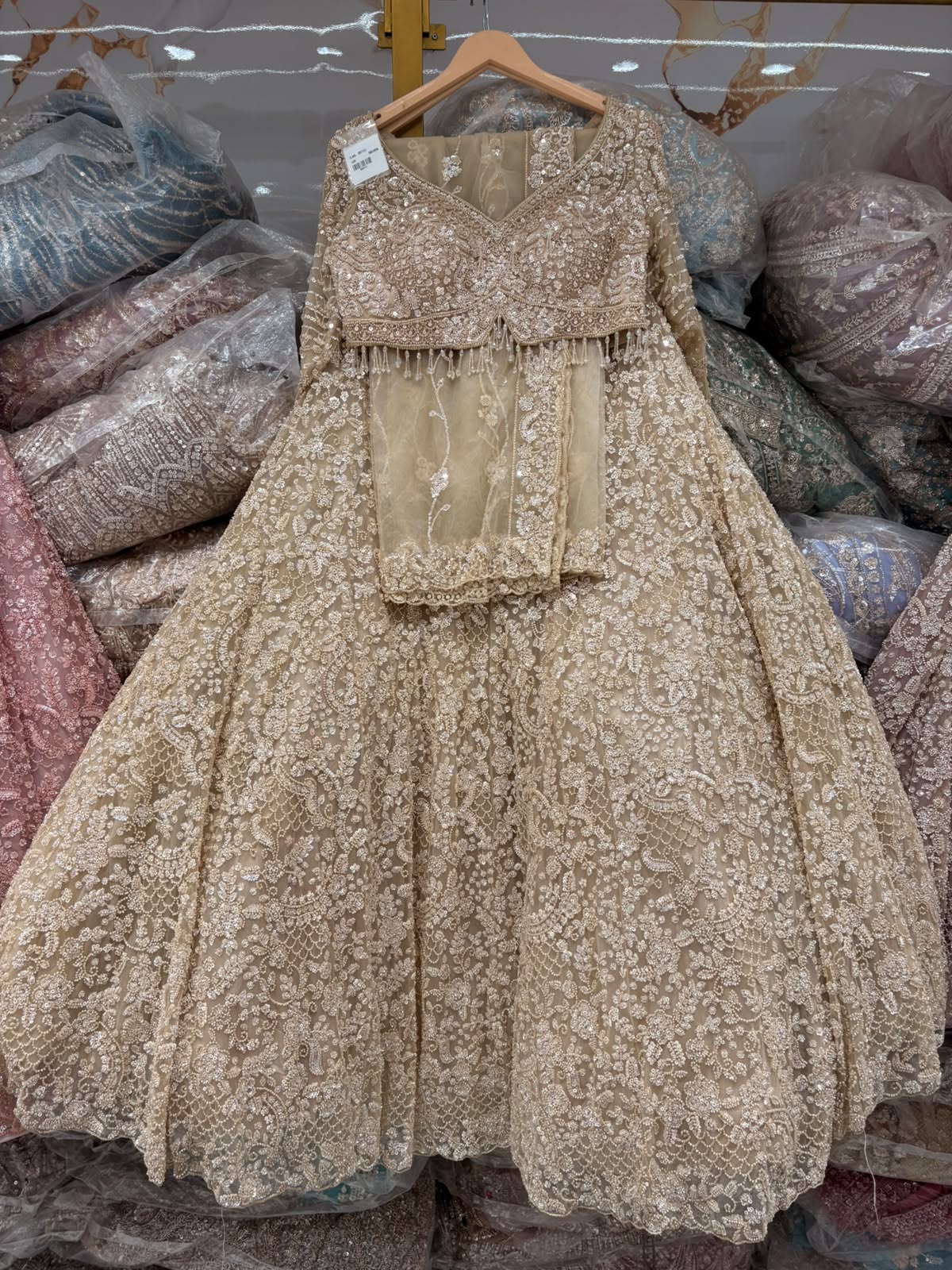 Beige Golden Crop Top Lehenga